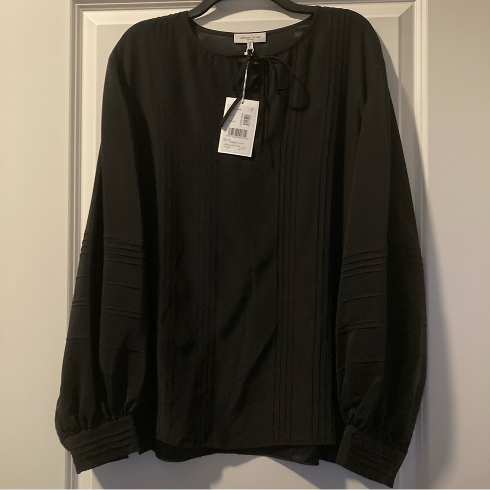 NWT Lafayette 148 100% Silk Pintuck Long Sleeve Popover Top Blouse Black XXL